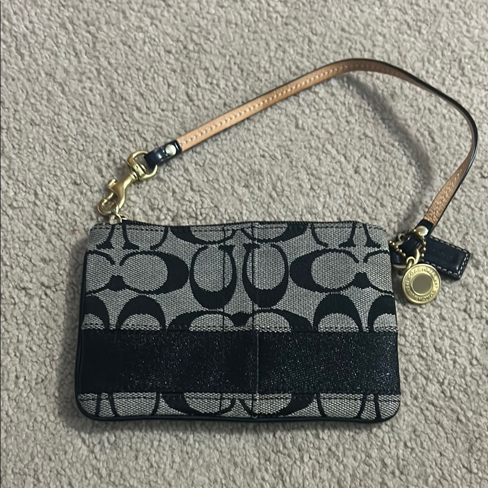 Coach Black and Gray Signature Wristlet with Leather Strap